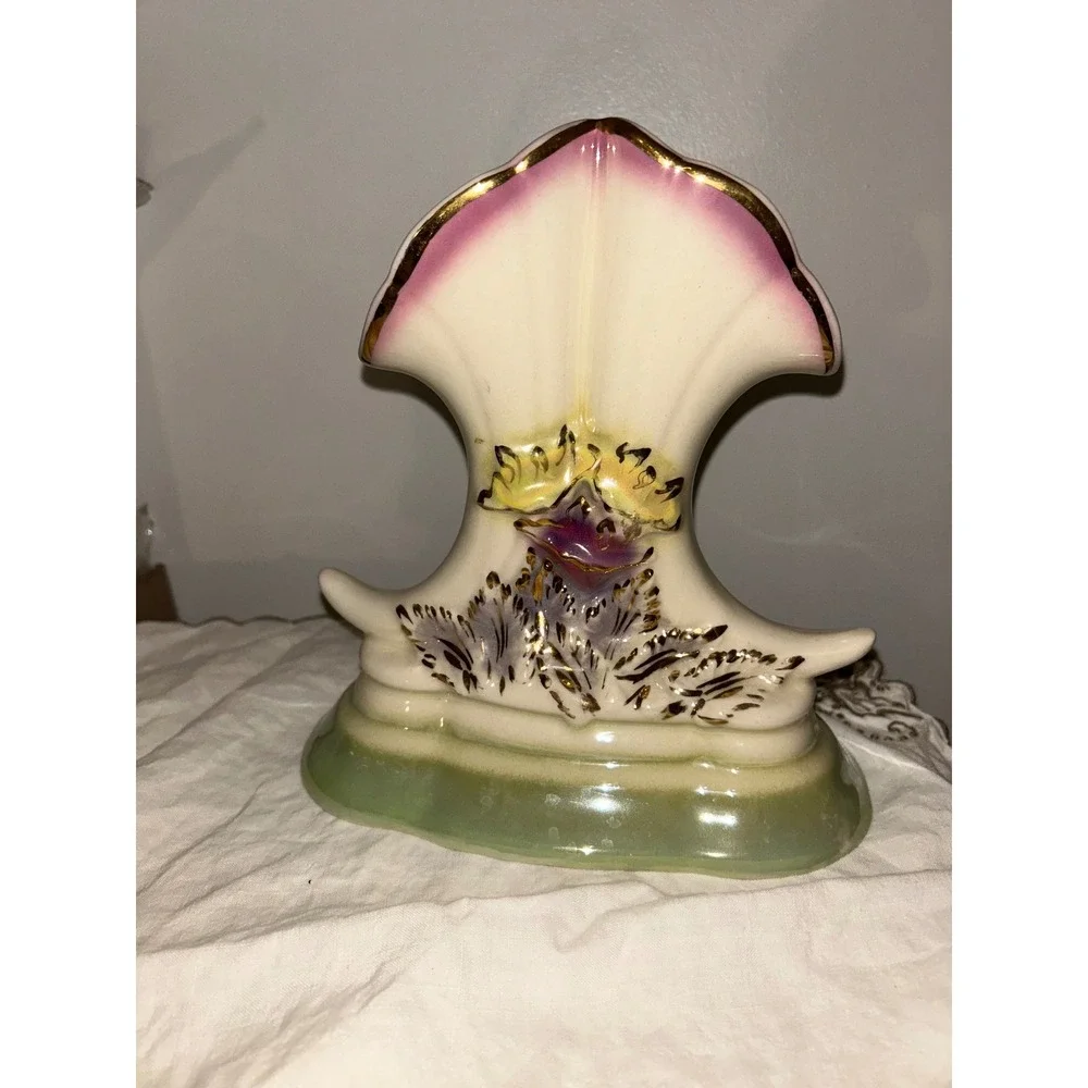 Vintage Ceramic Fan Vase Floral Gold Gilt Trim Mid Century Decor Cream Green